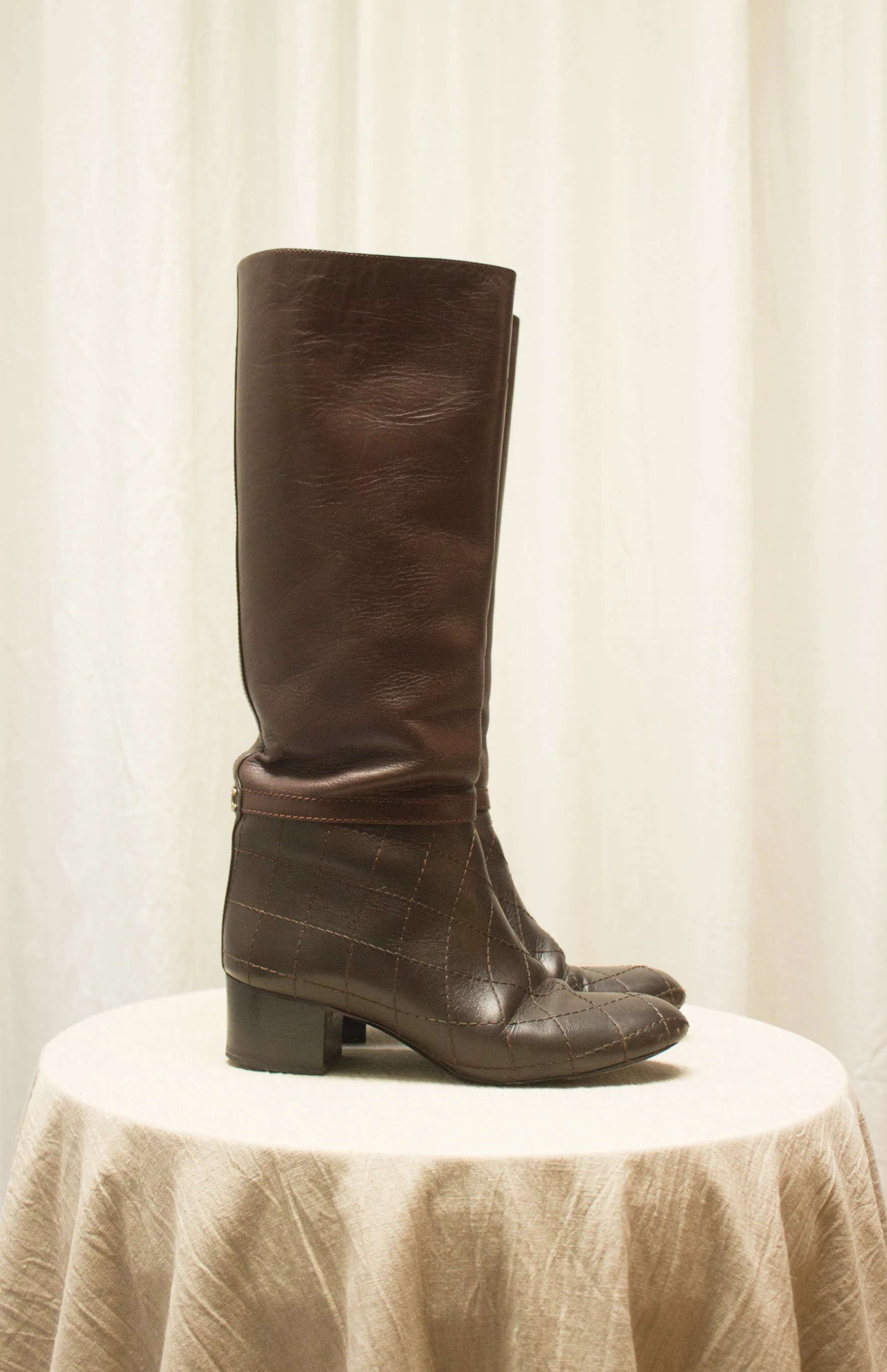 2010 Chanel Chocolate Brown Block Heel High Shaft Boots — Wayward